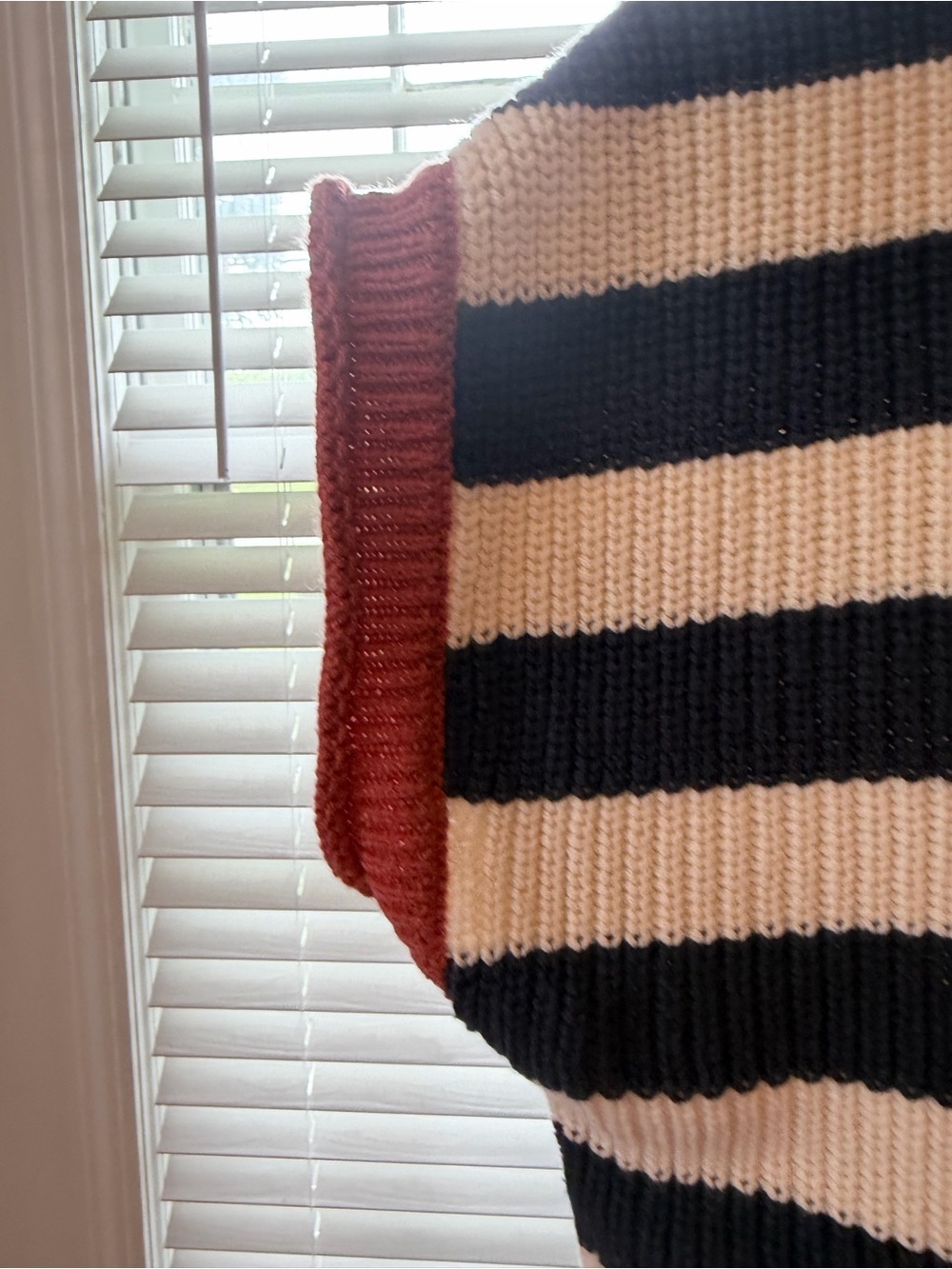 Striped Knit Cap-Sleeve Sweater in Navy and Cream with Rust Trim Size XS - Picture 4 of 6